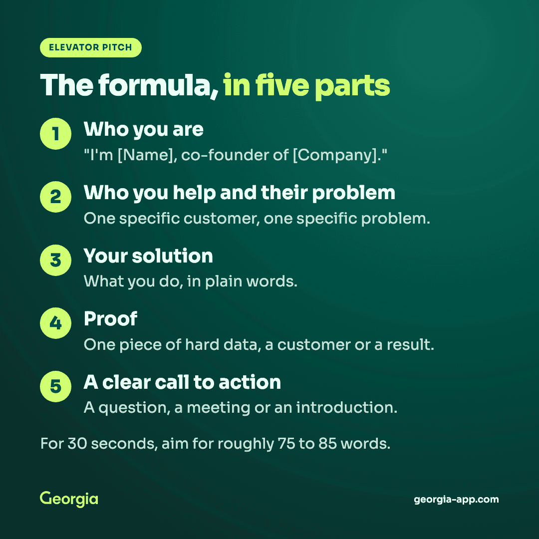 Five-part startup elevator pitch formula